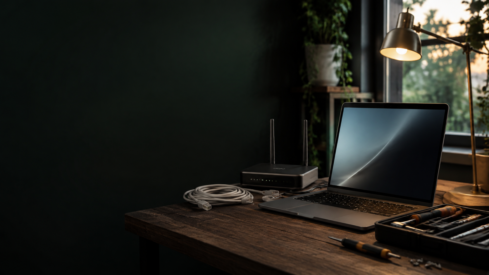 A tidy computer support workbench with a laptop, Wi-Fi router, cables, and repair tools